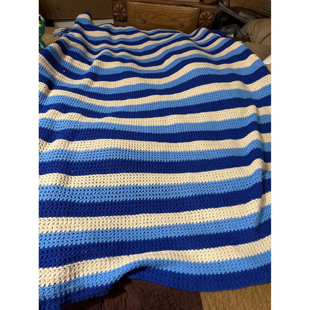 Vintage Handmade Crochet Striped Throw Blanket Blue Cream Nautical Afghan
